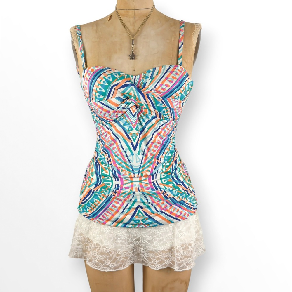 Y2K Geometric Print Tankini Cami Twist Front Ruched Retro Beach Boho Size M